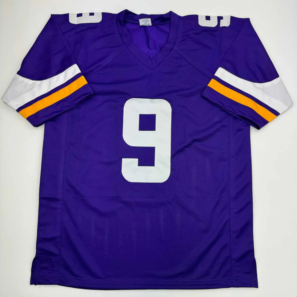 Purple custom jersey with white number 9 and gold stripes for professional sports fans