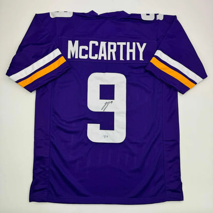 Autographed J.J. JJ McCarthy Minnesota Purple Football Jersey Beckett BAS COA | Hall of Fame Sports Memorabilia | vintageantiquesgifts.com