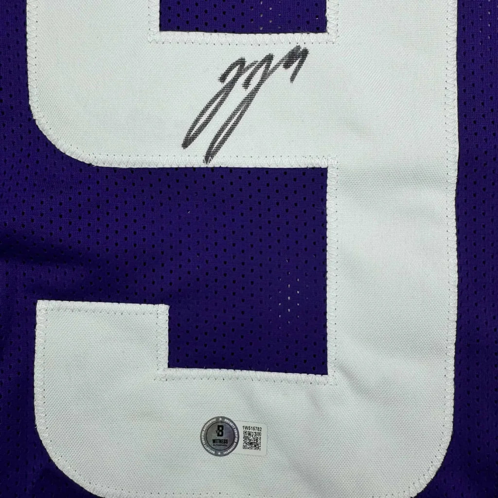 Purple custom jersey with number 9 and black autograph for sports league fans