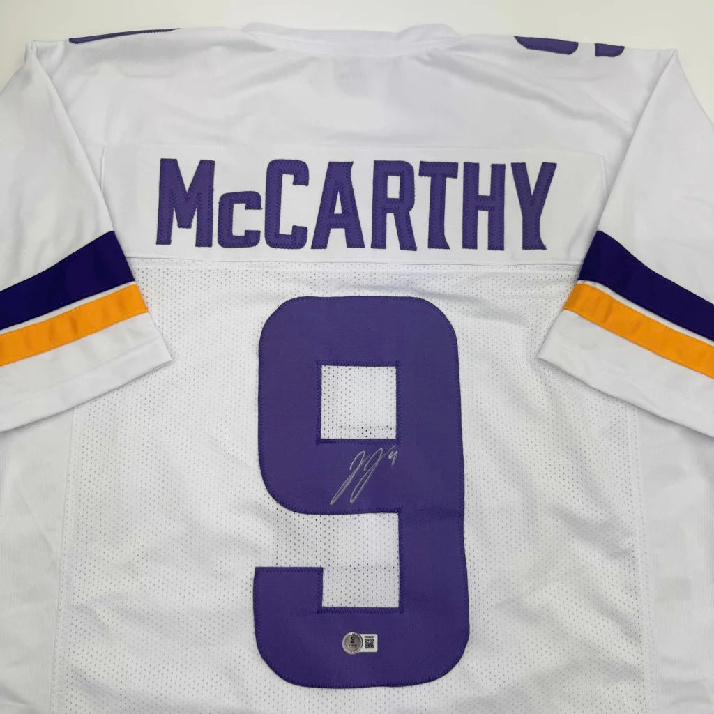 Autographed J.J. JJ McCarthy Minnesota White Football Jersey Beckett BAS COA | Certified Authentic Signed Memorabilia | vintageantiquesgifts.com