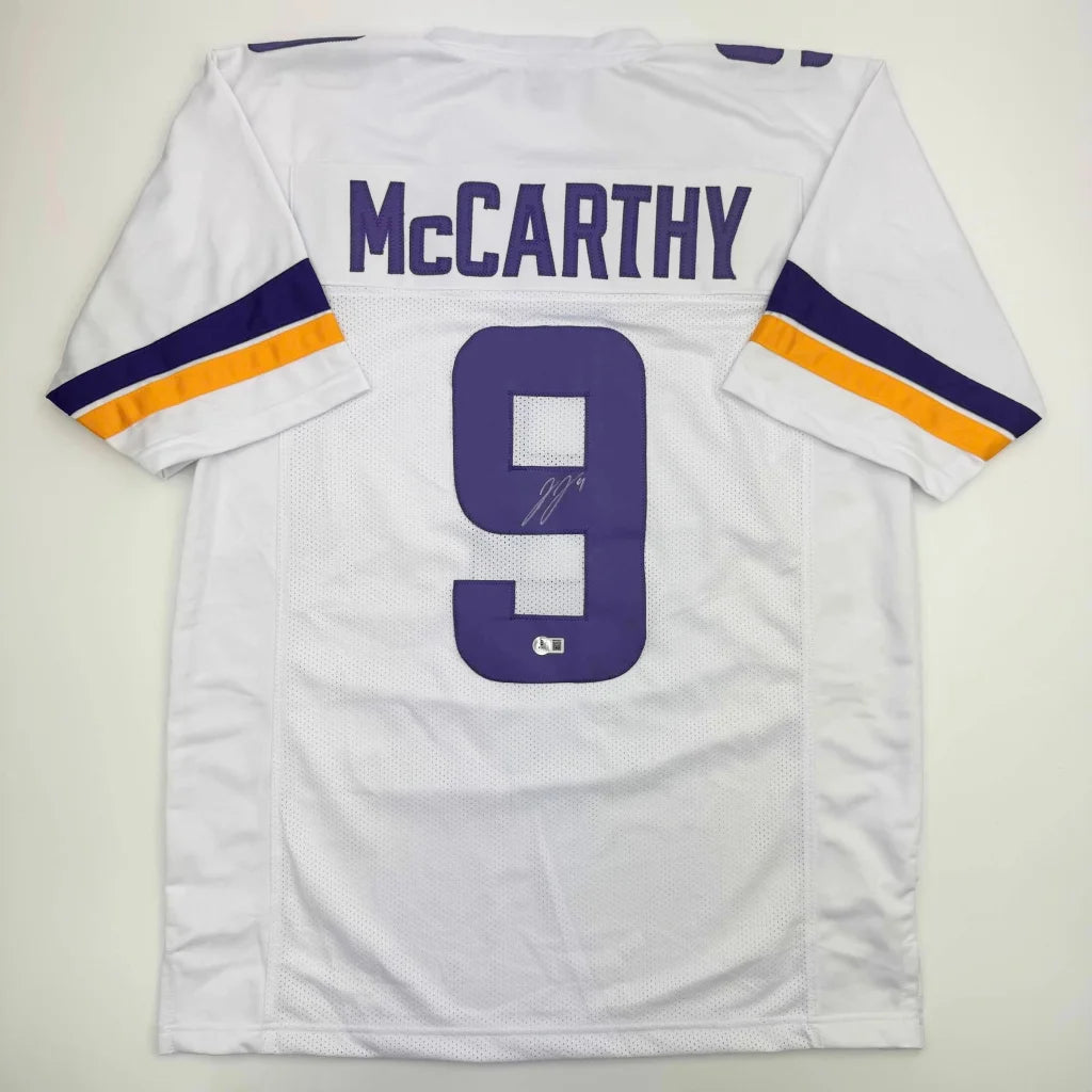 Autographed J.J. JJ McCarthy Minnesota White Football Jersey Beckett BAS COA | Hall of Fame Sports Memorabilia | vintageantiquesgifts.com