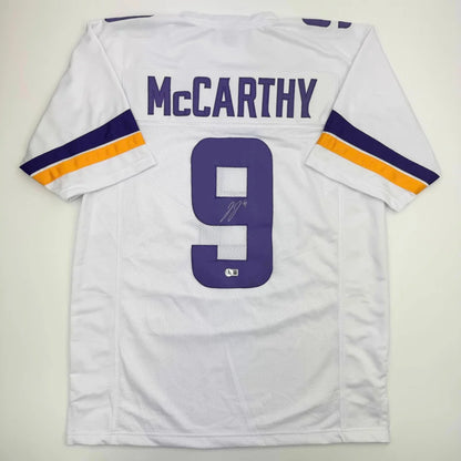 Autographed J.J. JJ McCarthy Minnesota White Football Jersey Beckett BAS COA | Hall of Fame Sports Memorabilia | vintageantiquesgifts.com