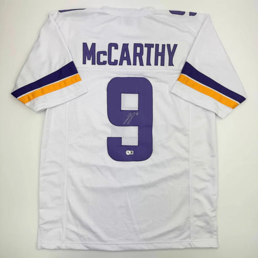 Autographed J.J. JJ McCarthy Minnesota White Football Jersey Beckett BAS COA | Hall of Fame Sports Memorabilia | vintageantiquesgifts.com