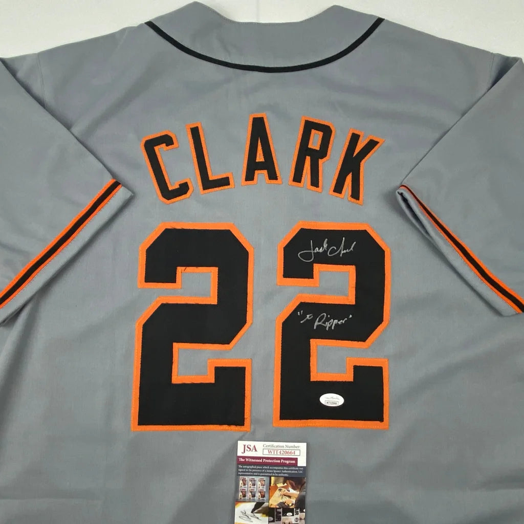 Autographed Jack Clark gray custom jersey, number 22, JSA COA