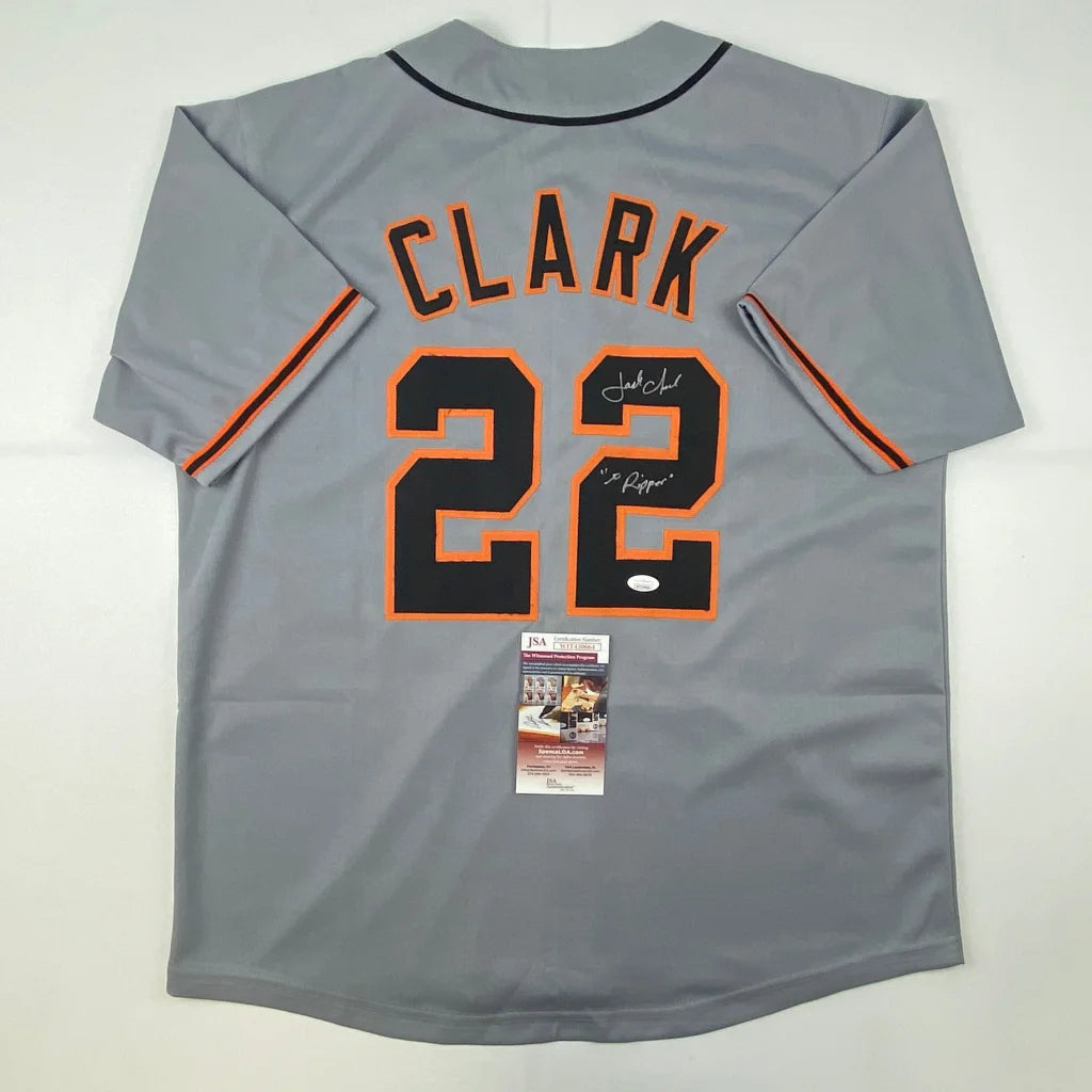 Autographed Jack Clark gray custom jersey with black and orange Clark 22 lettering, JSA COA