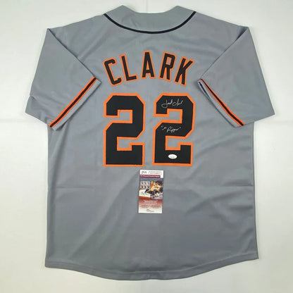 Autographed Jack Clark gray custom jersey with black and orange Clark 22 lettering, JSA COA