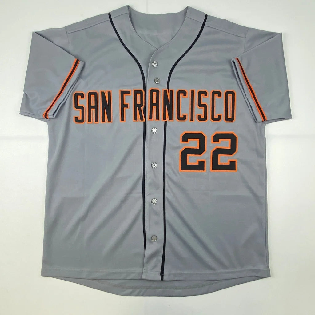 Grey custom baseball jersey with SAN FRANCISCO 22 in orange and black for professional sports fans