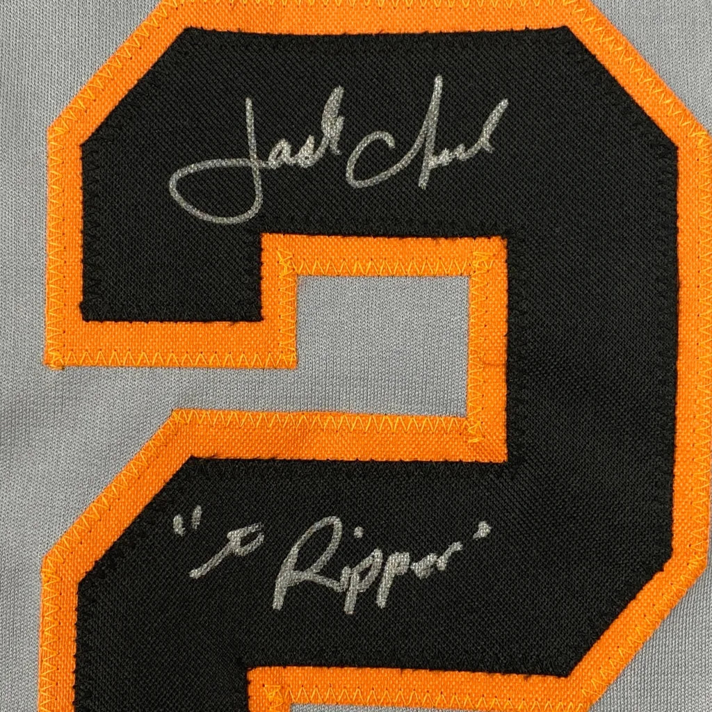 Autographed black and orange number 2 jersey patch on Authentic Jack Clark custom jersey for professional sports league