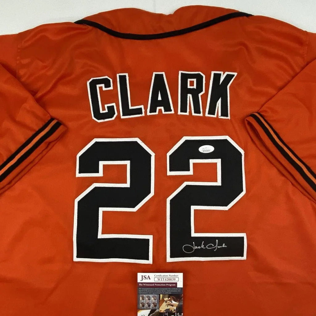 Autographed Jack Clark orange custom jersey with name Clark and number 22, JSA COA