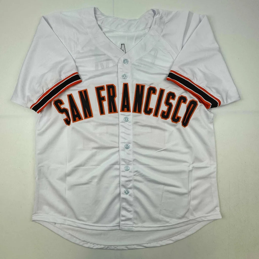 White custom jersey with SAN FRANCISCO, black and orange stripes, for professional sports fans