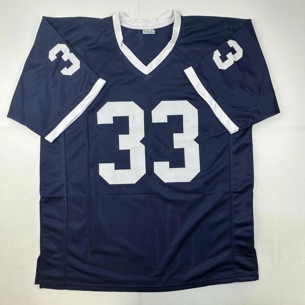Navy blue mesh custom jersey with white v-neck collar and bold number 33 signed by Jack Ham for professional sports league use