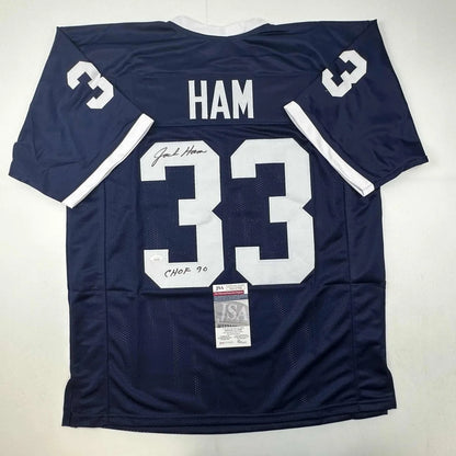 Back of navy blue custom jersey with white number 33 ham name autograph and jsa authentication for professional sports league fans