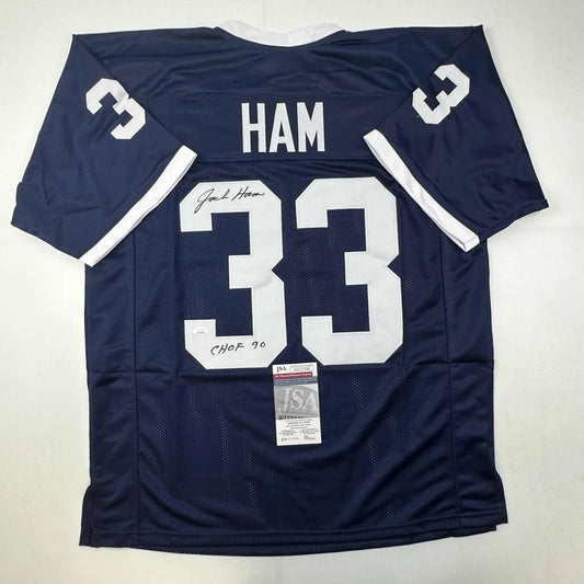 Back of navy blue custom jersey with white number 33 ham name autograph and jsa authentication for professional sports league fans