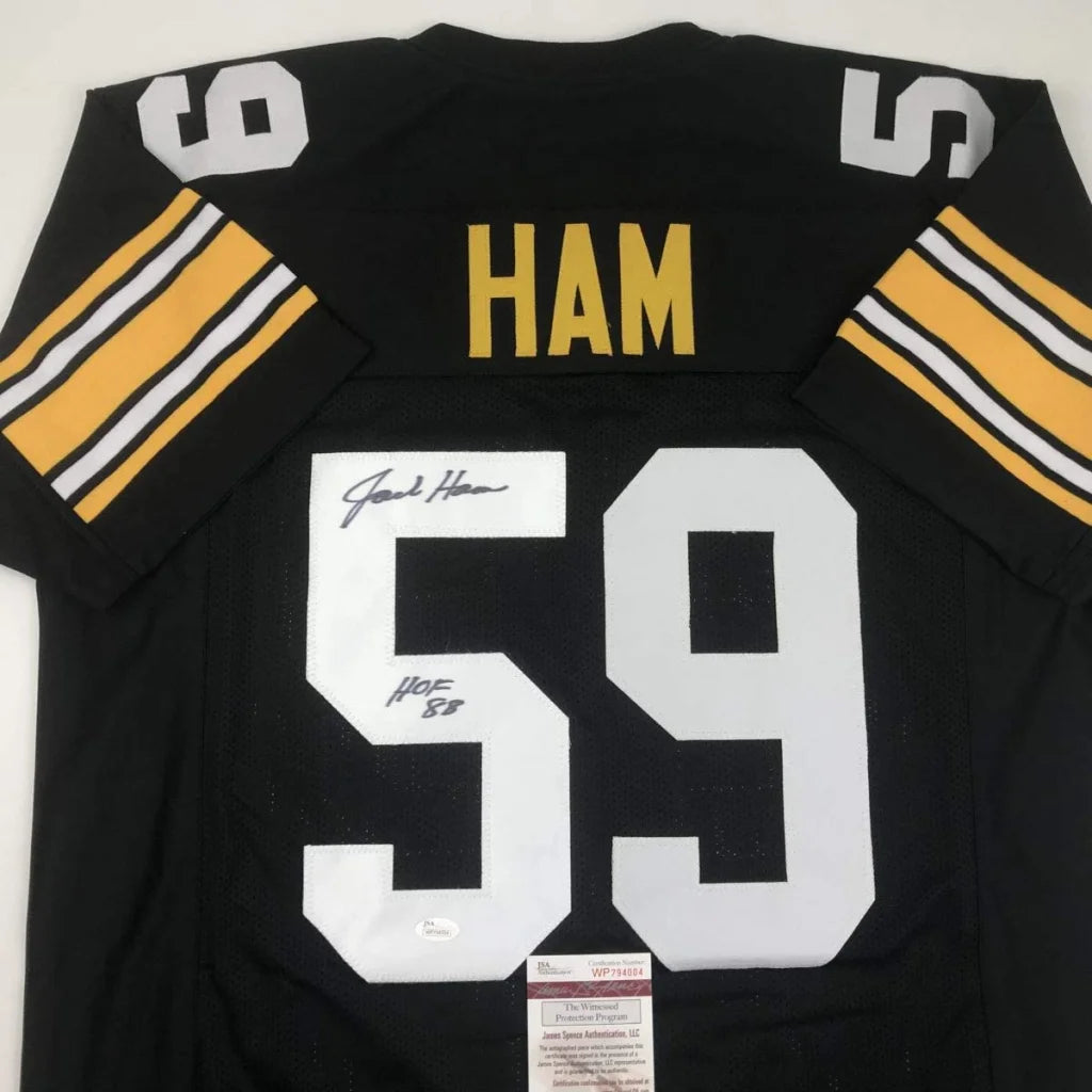Autographed Jack Ham HOF black and gold custom jersey with number 59 for sports fans