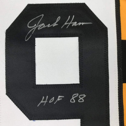 Black embroidered patch with white center featuring jack harman hof 88 silver thread on custom professional sports jersey