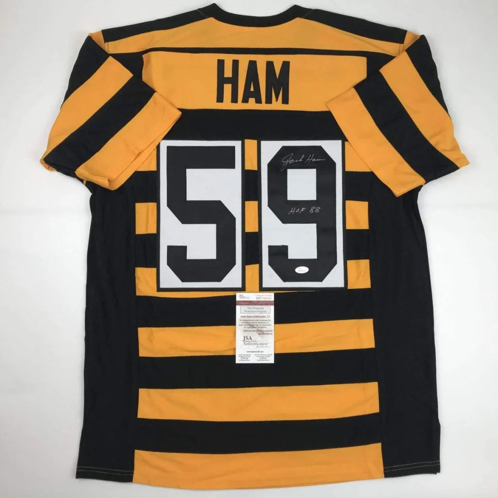 Back of autographed black and yellow custom jersey with ham 59 and jsa coa from professional sports league