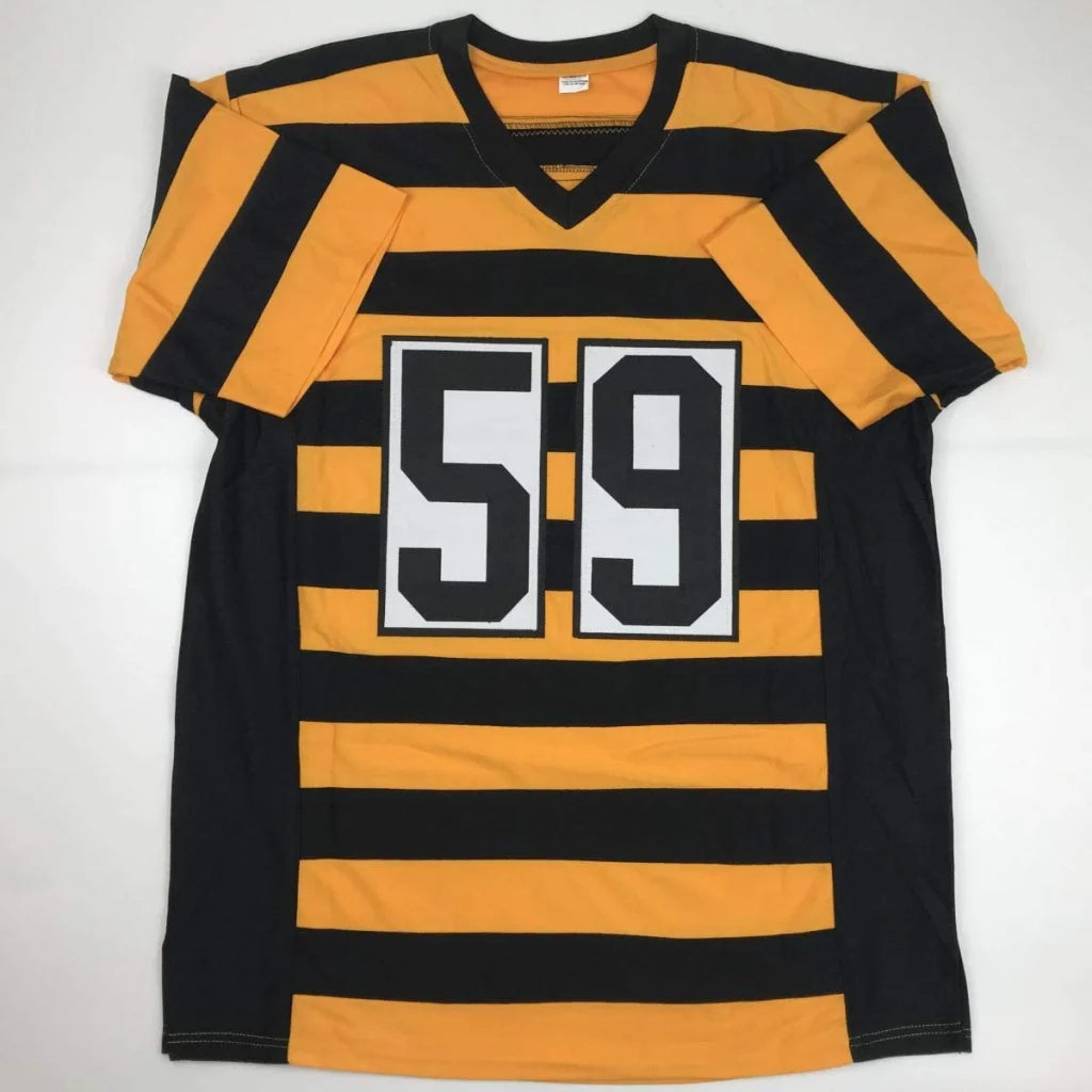 Black and orange striped custom hockey jersey with number 59 on white back, autographed jack ham professional sports league collectible
