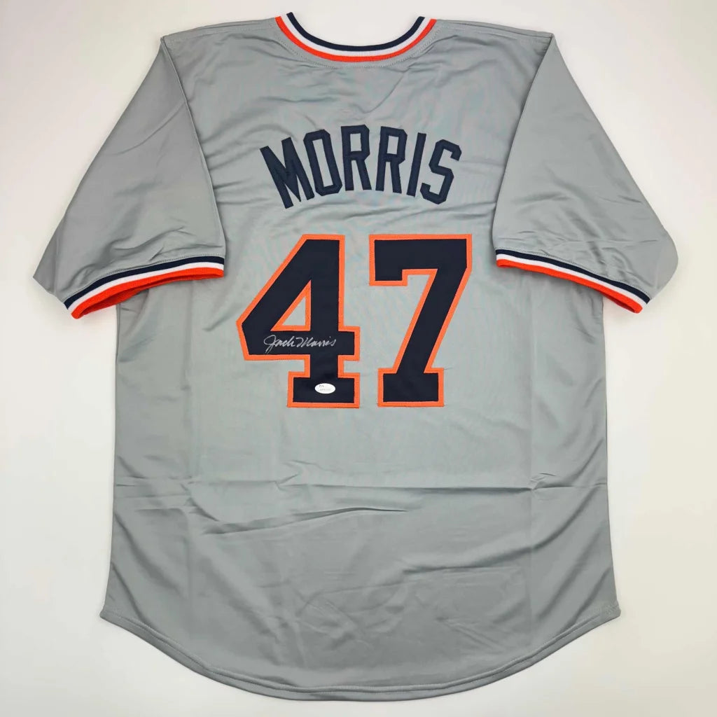 Autographed Jack Morris gray custom jersey, Detroit professional sports MLB, number 47