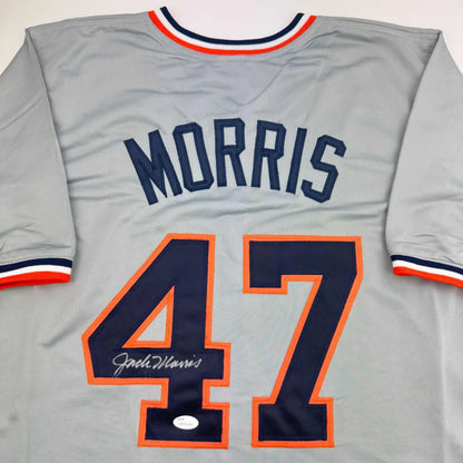 Autographed Jack Morris gray custom jersey with navy and orange Morris 47, JSA COA