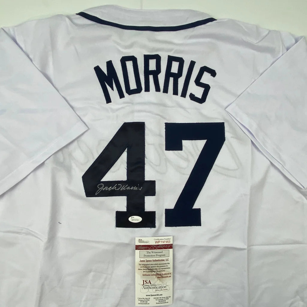 White Jack Morris Detroit custom jersey with 47 and JSA COA authentication