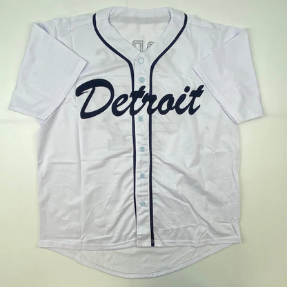 Autographed Jack Morris Detroit white custom jersey with navy cursive lettering