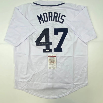 Autographed Jack Morris custom jersey in Detroit Tigers style with navy 47 and signature