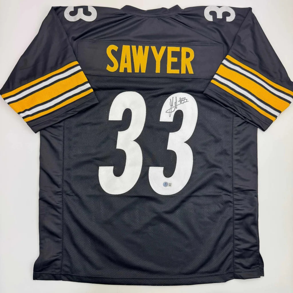 Autographed/Signed Jack Sawyer Pittsburgh Black Football Jersey Beckett BAS COA
