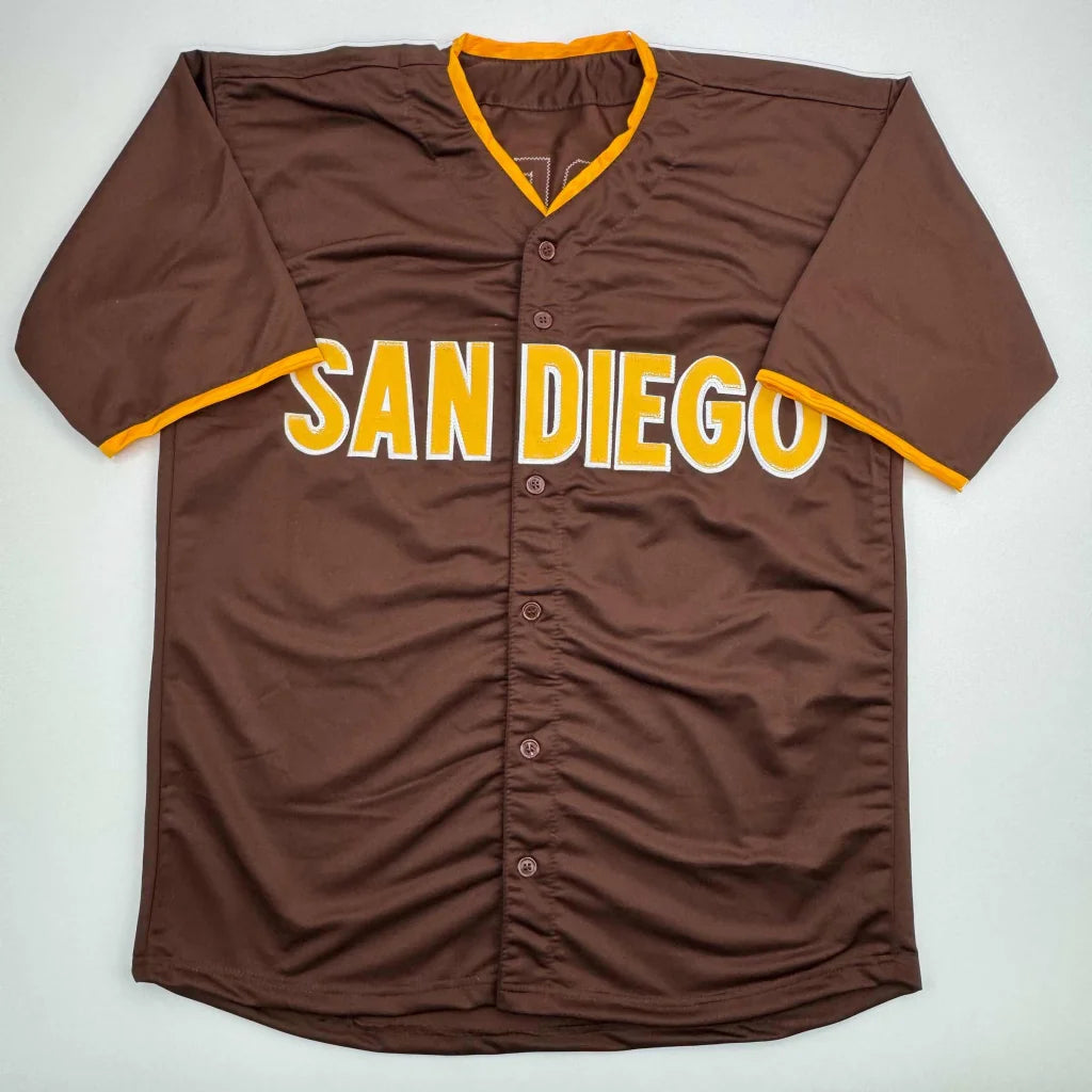 Brown custom jersey with SAN DIEGO in yellow for professional sports and sports league fans