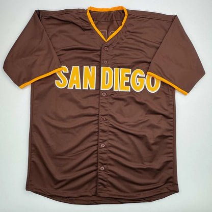 Brown custom jersey with SAN DIEGO in yellow for professional sports and sports league fans