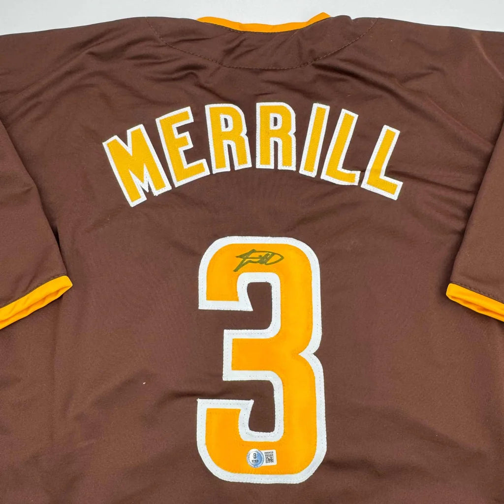 Autographed Jackson Merrill San Diego Brown Baseball Jersey Beckett BAS COA | Certified Authentic Signed Memorabilia | vintageantiquesgifts.com
