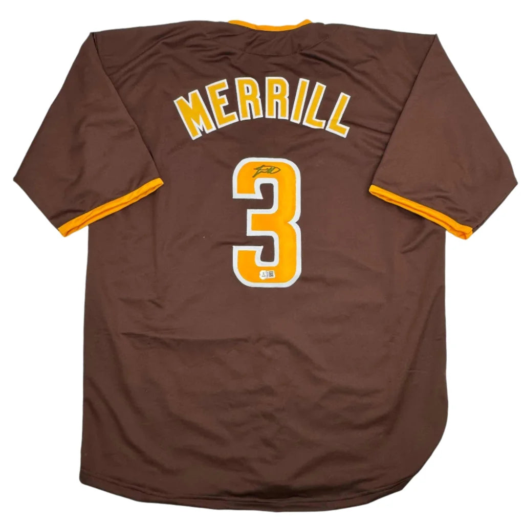 Autographed Jackson Merrill San Diego Brown Baseball Jersey Beckett BAS COA | Hall of Fame Sports Memorabilia | vintageantiquesgifts.com