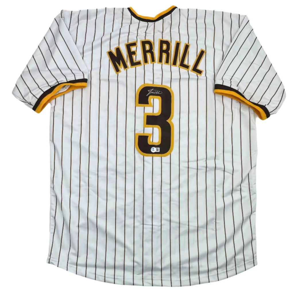 Autographed Jackson Merrill San Diego custom jersey with pinstripes, number 3, Beckett COA