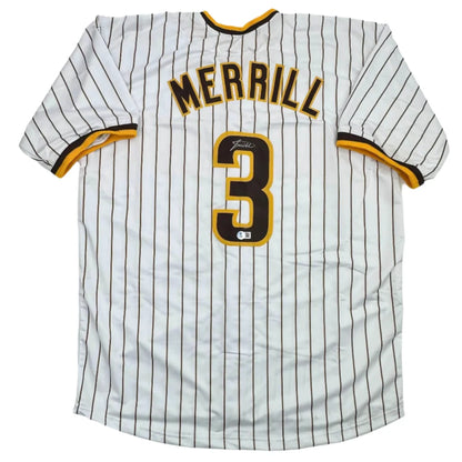 Autographed Jackson Merrill San Diego custom jersey with pinstripes, number 3, Beckett COA