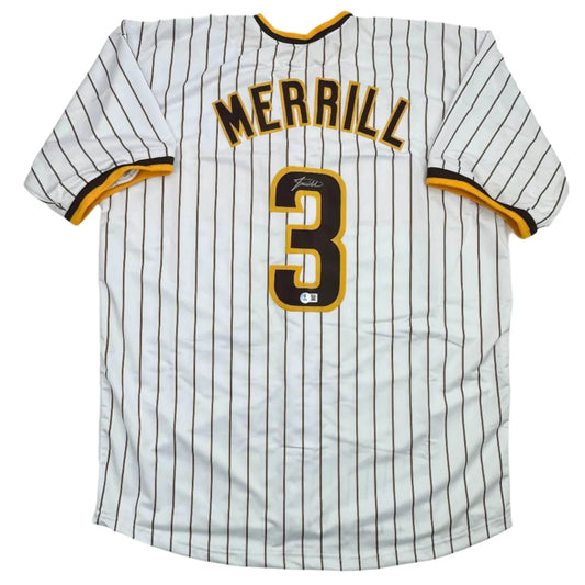Autographed Jackson Merrill San Diego custom jersey with pinstripes, number 3, Beckett COA