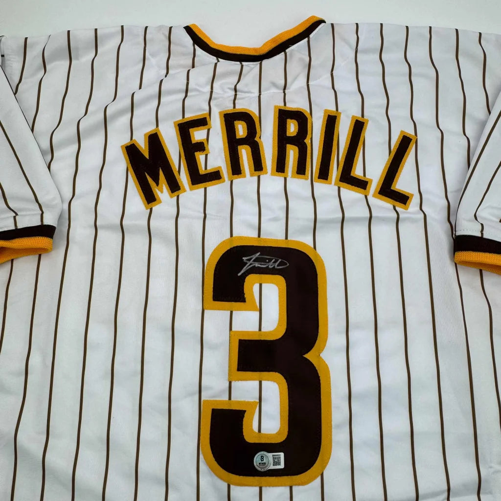 White custom jersey with Merrill 3 autograph and authentication stickers for professional sports fans