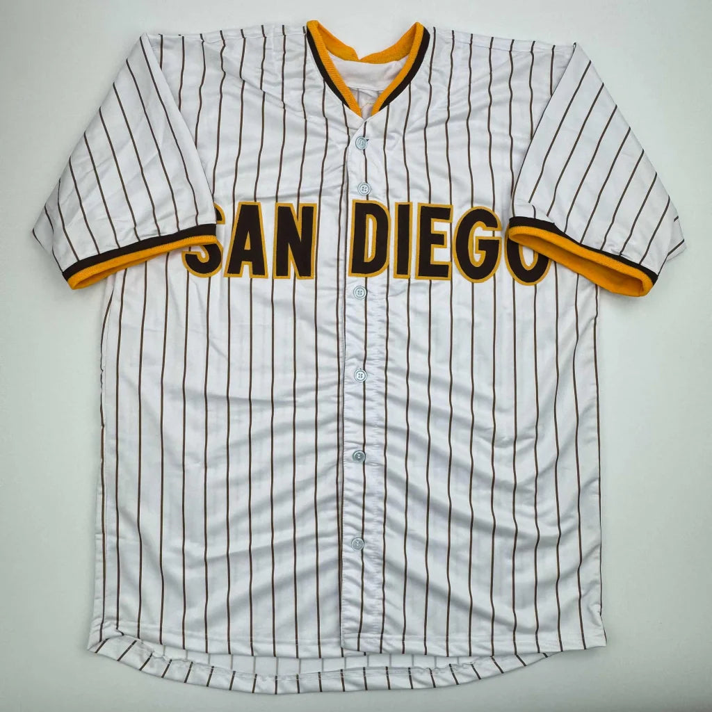 White pinstriped custom jersey with SAN DIEGO and gold-black accents for professional sports fans