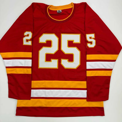 Red custom jersey with gold and white stripes and 25 number, perfect for professional sports fans