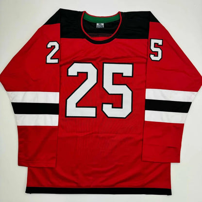 Red and black custom jersey with number 25 from professional sports league memorabilia