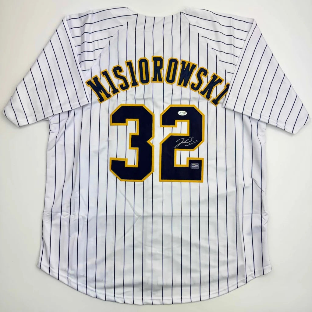 Autographed Jacob Misiorowski Milwaukee Pinstripe Baseball Jersey JSA COA | Hall of Fame Sports Memorabilia | vintageantiquesgifts.com