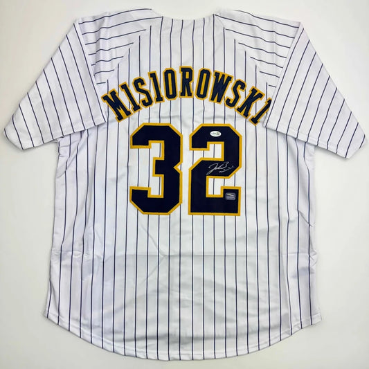 Autographed Jacob Misiorowski Milwaukee Pinstripe Baseball Jersey JSA COA | Hall of Fame Sports Memorabilia | vintageantiquesgifts.com