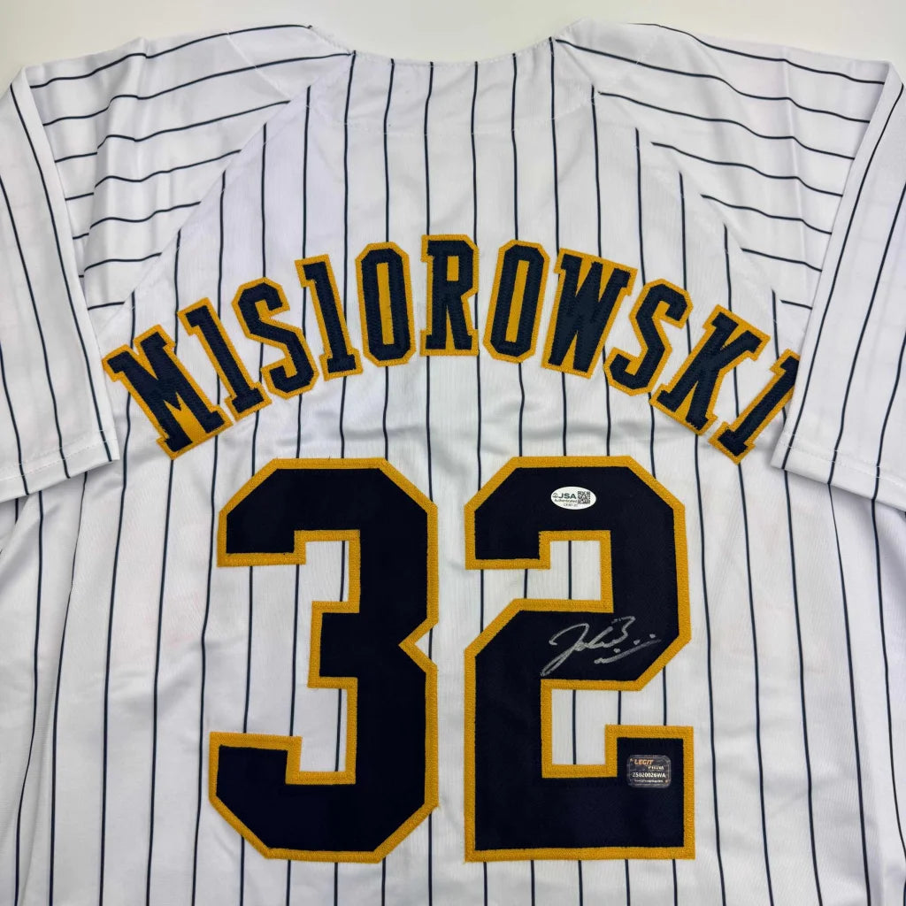 Autographed Jacob Misiorowski Milwaukee Pinstripe Baseball Jersey JSA COA | Certified Authentic Signed Memorabilia | vintageantiquesgifts.com