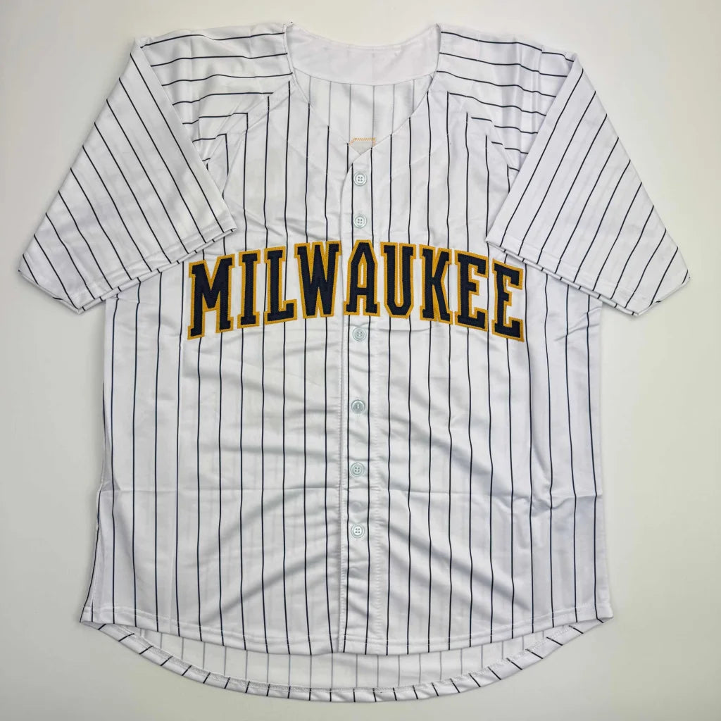 Autographed Jacob Misiorowski Milwaukee Pinstripe Baseball Jersey JSA COA | Authenticated Signed Sports Jersey | vintageantiquesgifts.com