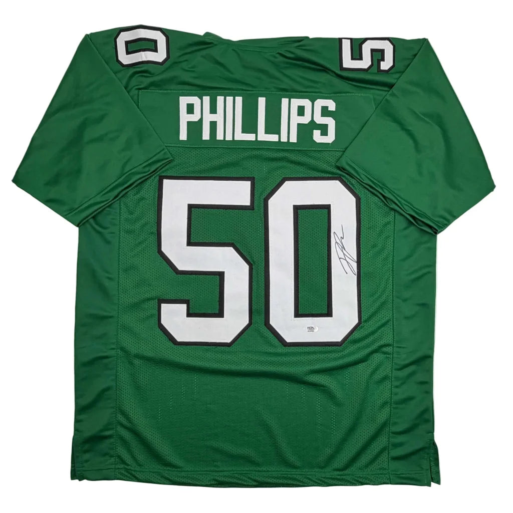 Back of autographed Jaelan Phillips custom green professional sports jersey number 50
