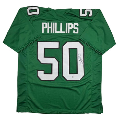 Back of autographed Jaelan Phillips custom green professional sports jersey number 50