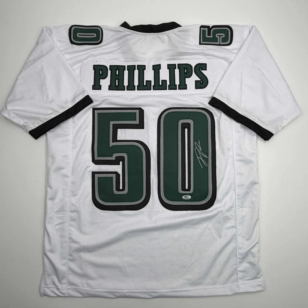 Back of autographed Jaelan Phillips white Philadelphia Eagles custom jersey number 50 PSA/DNA COA