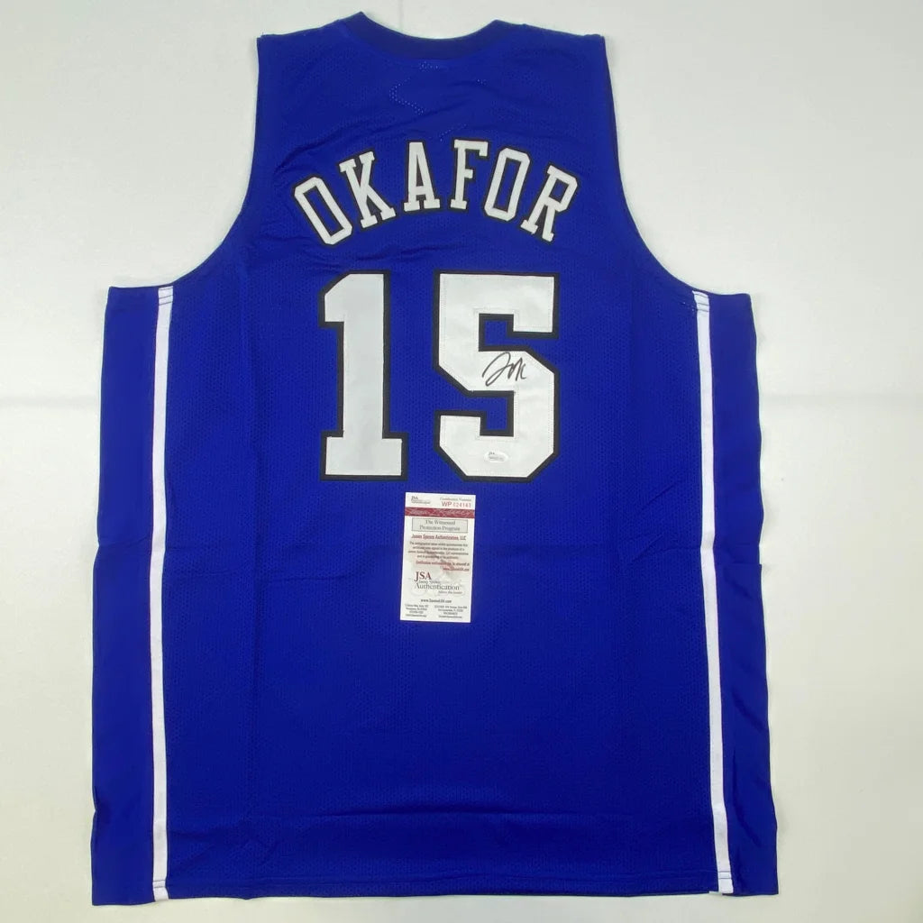 Back of autographed Jahlil Okafor Duke custom jersey, Okafor 15, royal blue