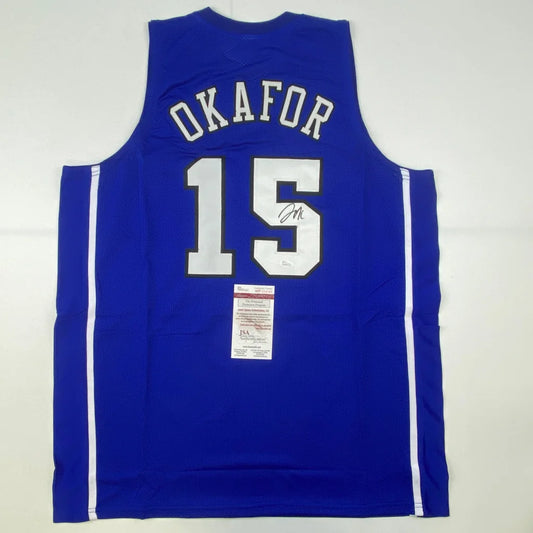 Back of autographed Jahlil Okafor Duke custom jersey, Okafor 15, royal blue