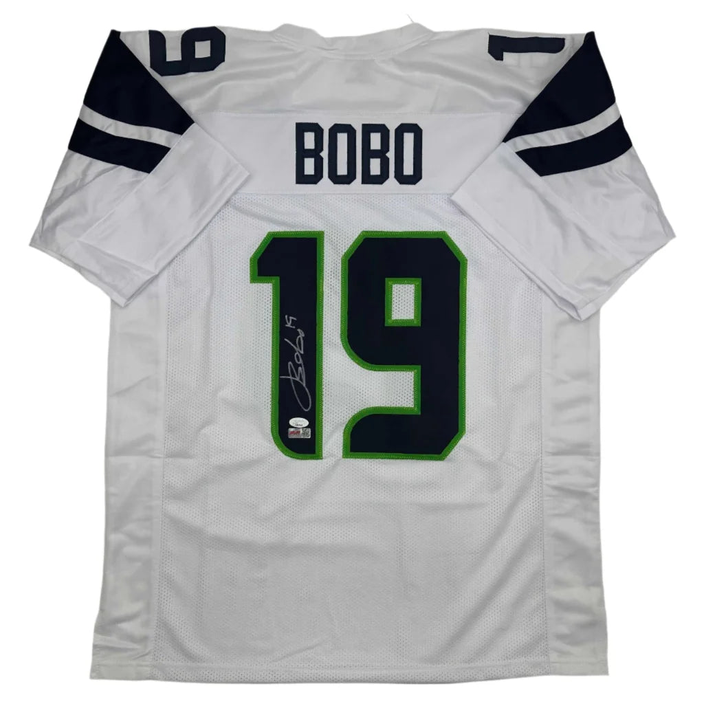 Autographed Seattle Seahawks custom jersey with BOBO 19 in green and blue trim for pro sports