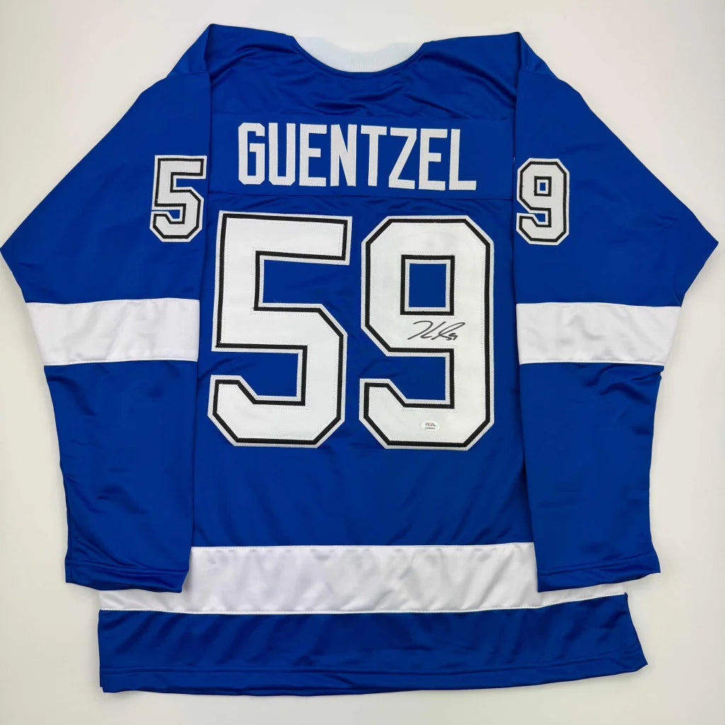 Autographed Jake Guentzel Tampa Bay Blue Hockey Jersey PSA COA | Hall of Fame Sports Memorabilia | vintageantiquesgifts.com