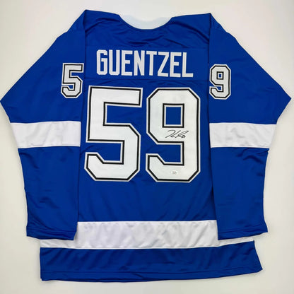 Autographed Jake Guentzel Tampa Bay Blue Hockey Jersey PSA COA | Hall of Fame Sports Memorabilia | vintageantiquesgifts.com